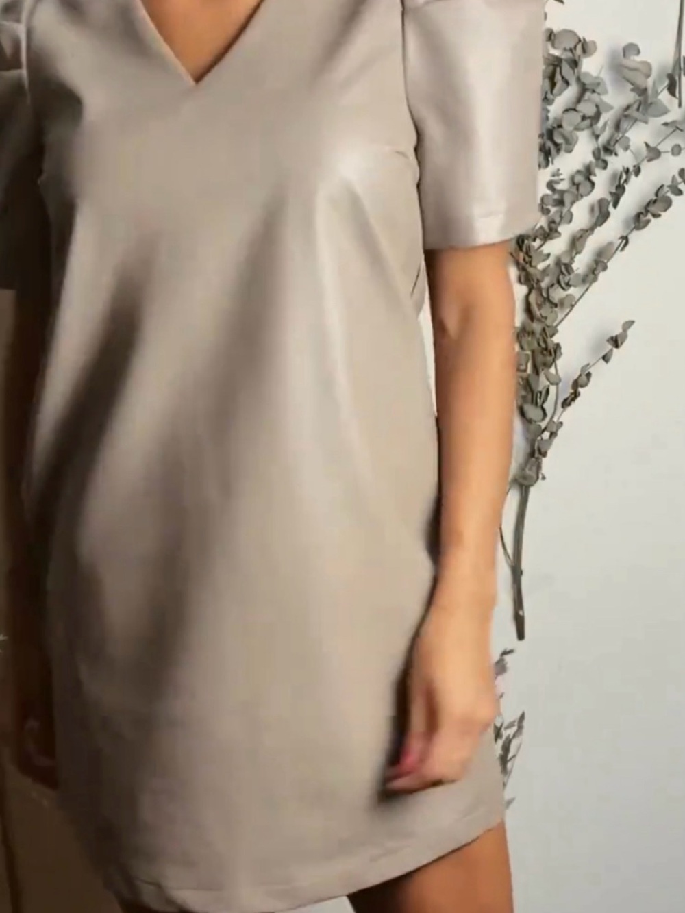 Classic V-Neck Short Sleeve Leather Like Dress in Taupe